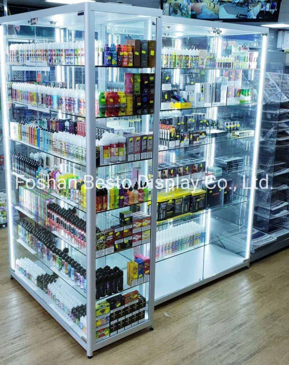 Lighted Temper Glass Retail Display Case with Shelves, Locking Storage and 12 LED Spotlights for Vape Store, Electronics Store, Retail Wholesale Store, Stores.